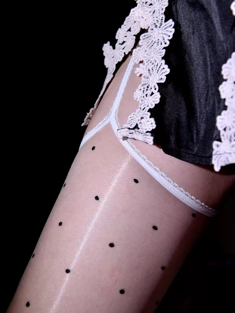 Lace Garter Belt Polka Dot Glossy Thigh High Stockings