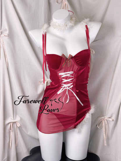 Christmas Bunny Velvet Faux Fur See-through Dress Lingerie