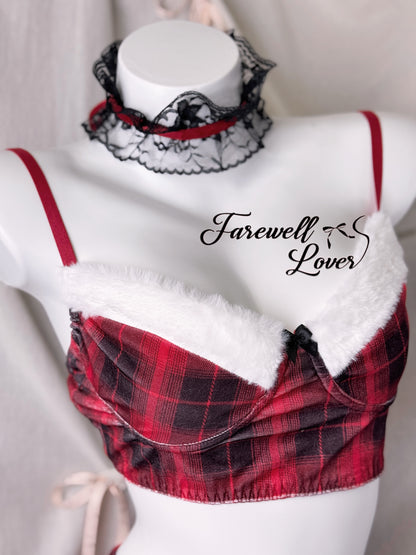 British Party Plaid Faux Fur Top Bra Flared Mini Skirt Lingerie Set