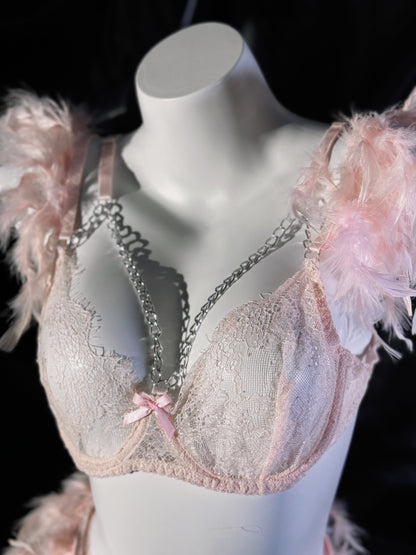 Victoria’s Wings Feather Chain Lace Lingerie Set with Garter Belt