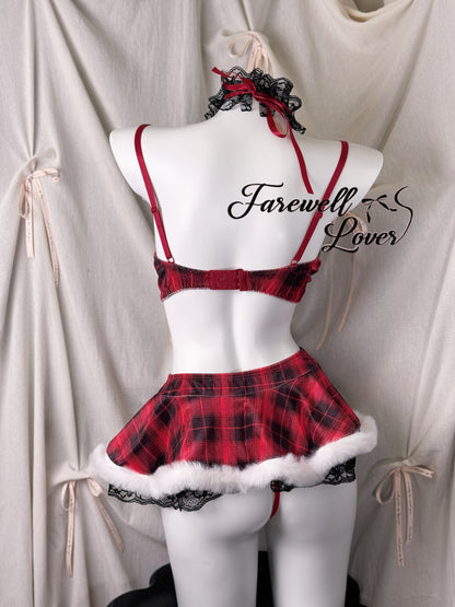 British Party Plaid Faux Fur Top Bra Flared Mini Skirt Lingerie Set