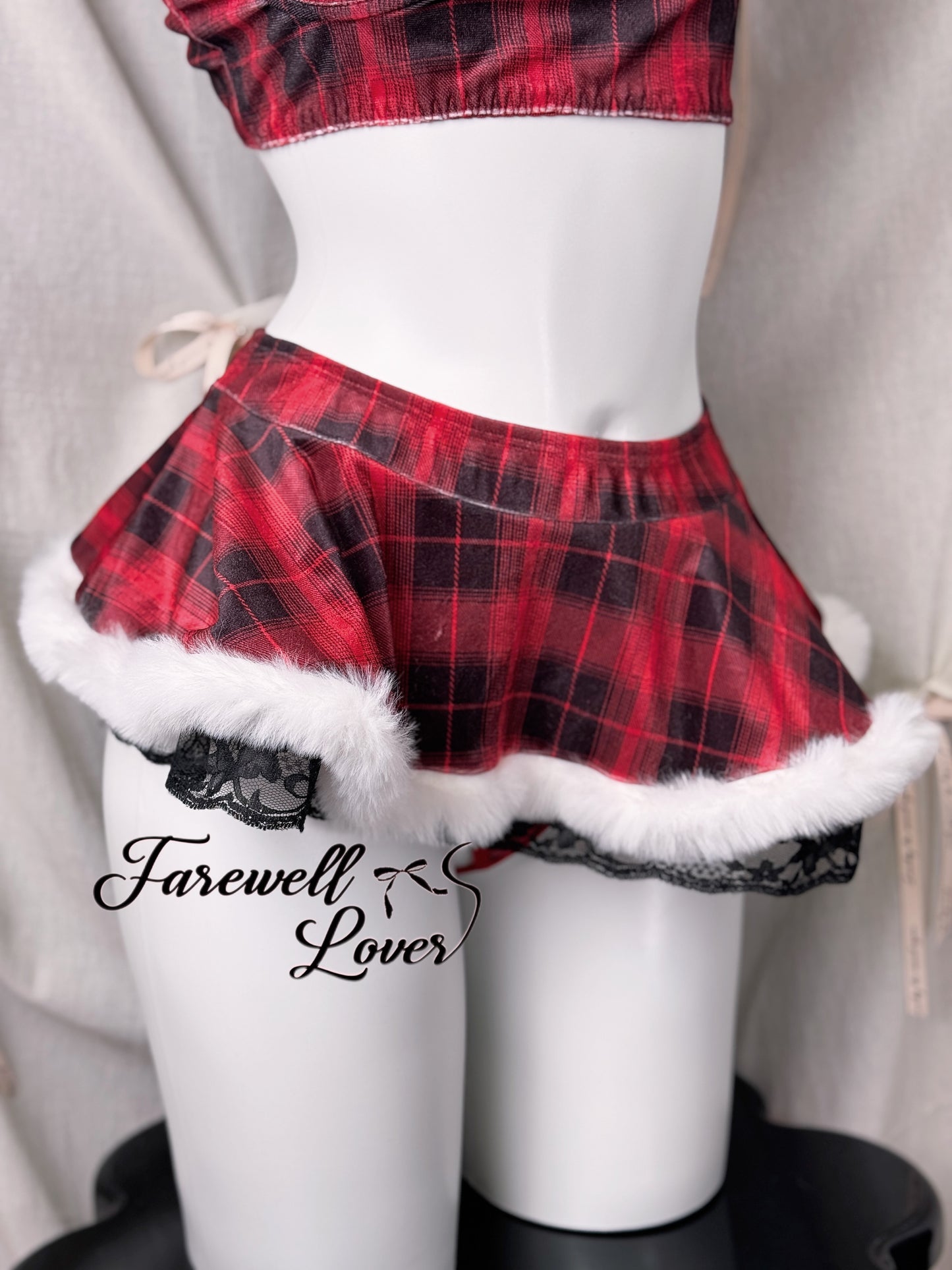 British Party Plaid Faux Fur Top Bra Flared Mini Skirt Lingerie Set