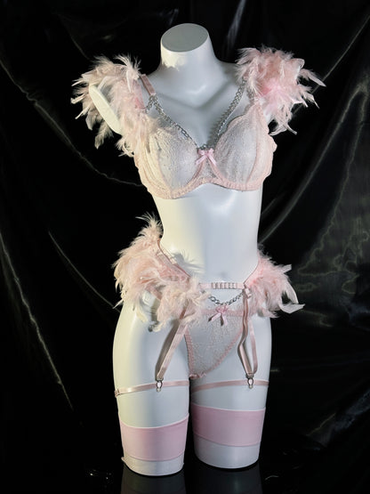 Victoria’s Wings Feather Chain Lace Lingerie Set with Garter Belt