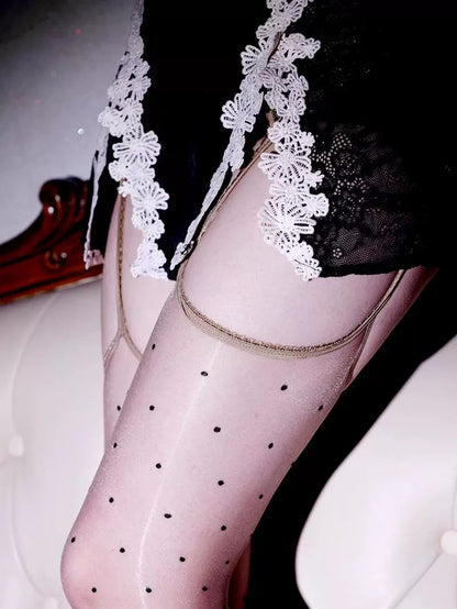 Lace Garter Belt Polka Dot Glossy Thigh High Stockings