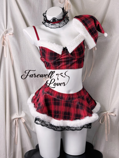 British Party Plaid Faux Fur Top Bra Flared Mini Skirt Lingerie Set