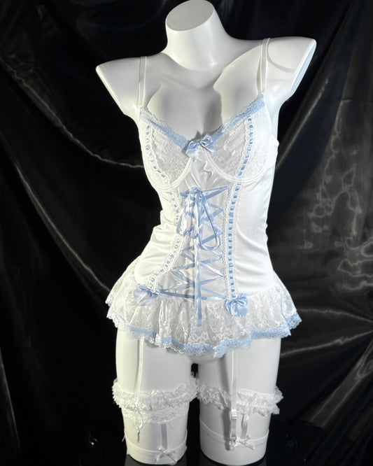 Lolita Lace Ribbon Bow with Garters Bustier Lingerie Set