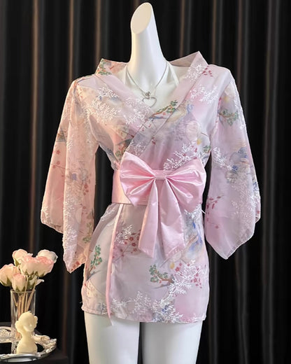 Kimono Floral Print Bow Robe Costume Lingerie Set