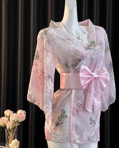 Kimono Floral Print Bow Robe Costume Lingerie Set