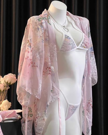 Kimono Floral Print Bow Robe Costume Lingerie Set