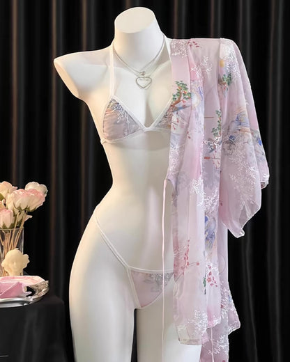 Kimono Floral Print Bow Robe Costume Lingerie Set