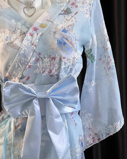 Kimono Floral Print Bow Robe Costume Lingerie Set