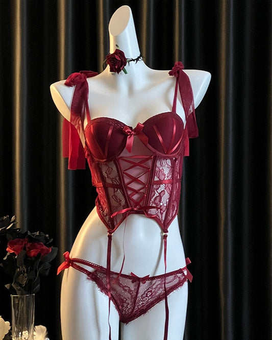 Scarlet Rose Mesh Lace Corset Bustier Lingerie Set