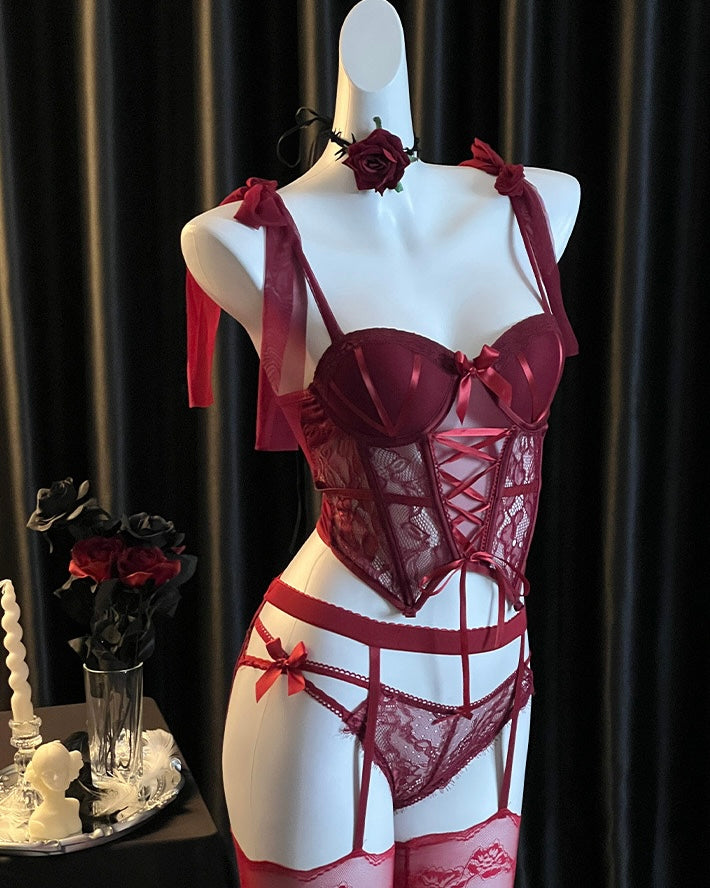 Scarlet Rose Mesh Lace Corset Bustier Lingerie Set