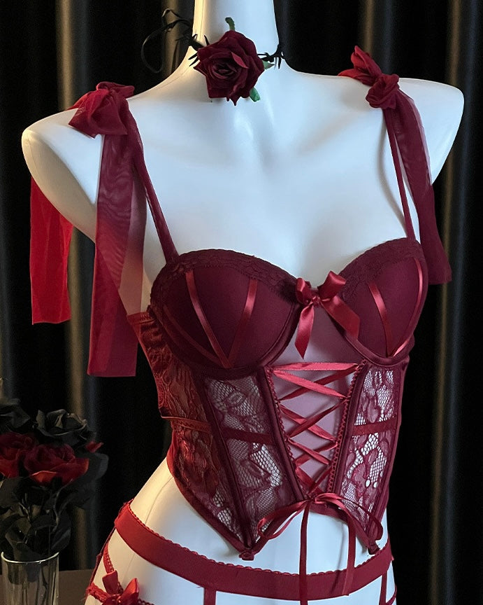 Scarlet Rose Mesh Lace Corset Bustier Lingerie Set