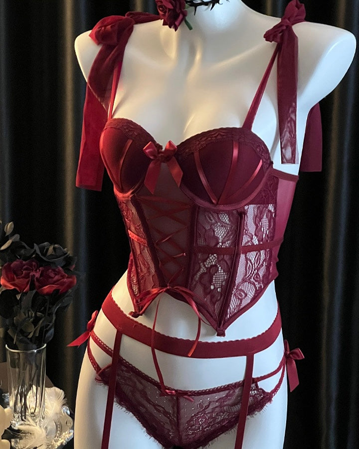 Scarlet Rose Mesh Lace Corset Bustier Lingerie Set