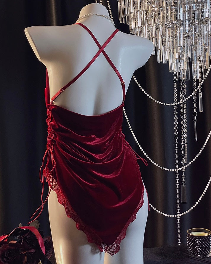 Alluring Night Velvet Asymmetric Backless Slip Dress Lingerie