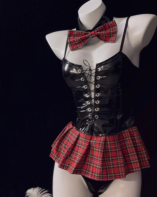 English Cutie Vegan Leather Lace-up Bustier With Plaid Skirt Costume Lingerie Set