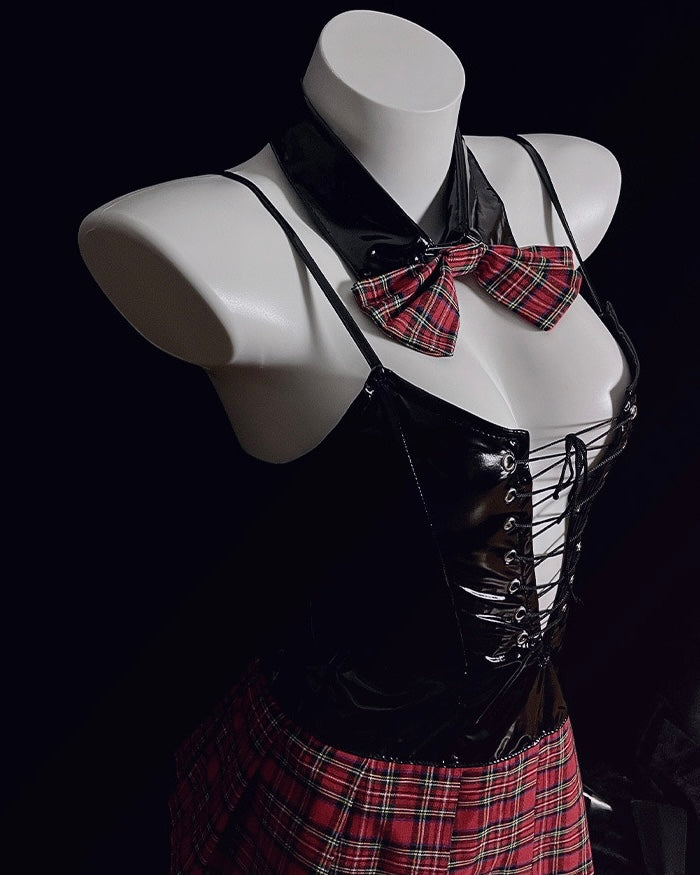 English Cutie Vegan Leather Lace-up Bustier With Plaid Skirt Costume Lingerie Set