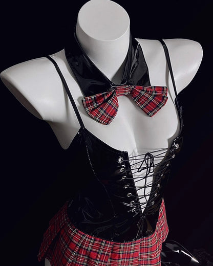 English Cutie Vegan Leather Lace-up Bustier With Plaid Skirt Costume Lingerie Set