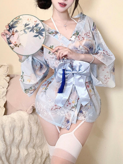 Kimono Floral Print Bow Robe Costume Lingerie Set