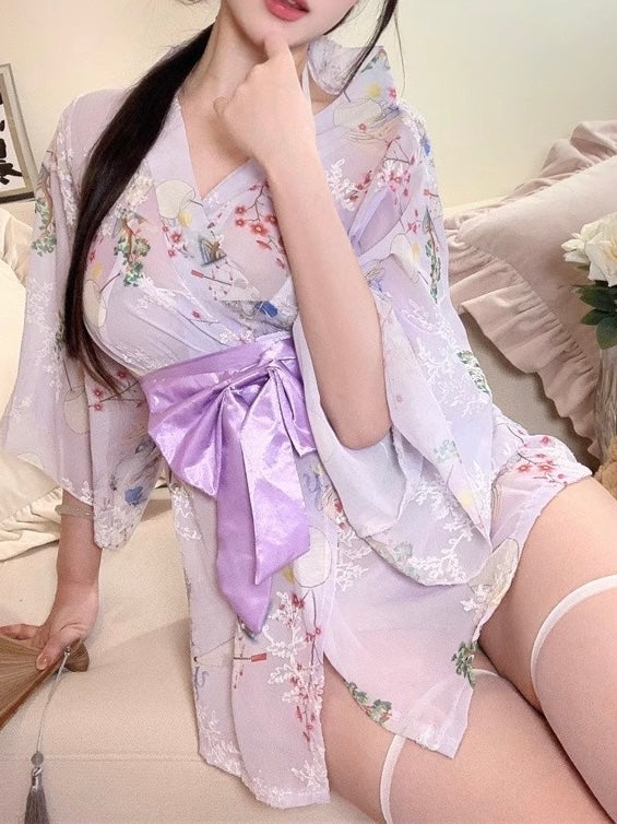 Kimono Floral Print Bow Robe Costume Lingerie Set