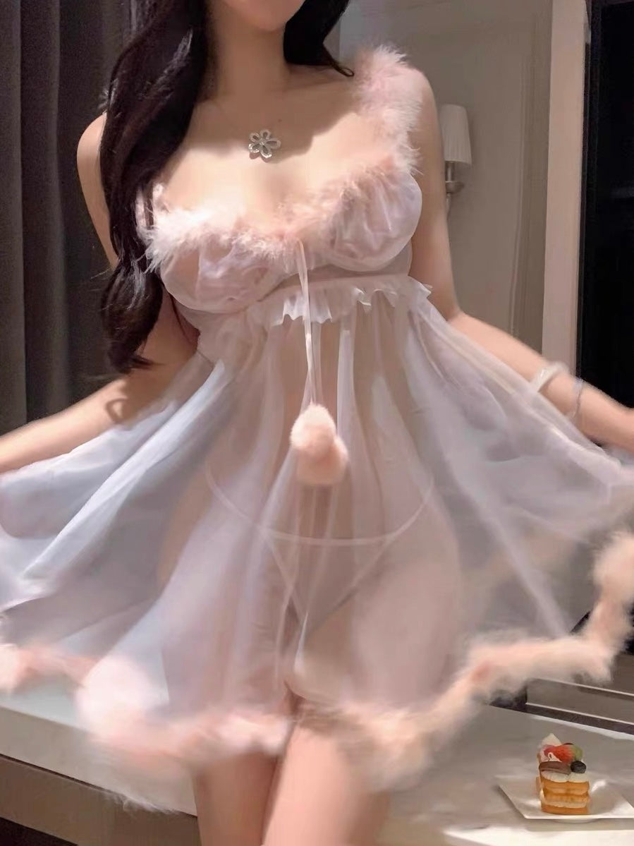 Baby Pink Pom Pom Mesh See-through Babydoll Lingerie