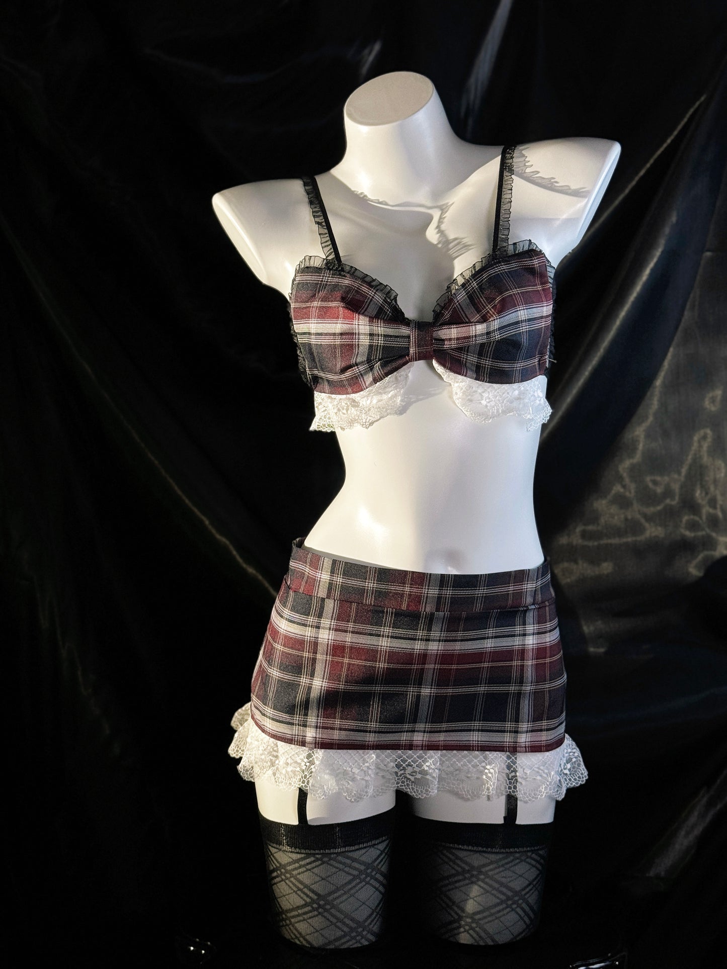 After School Bow Lace Plaid Uniform Costume Lingerie Set