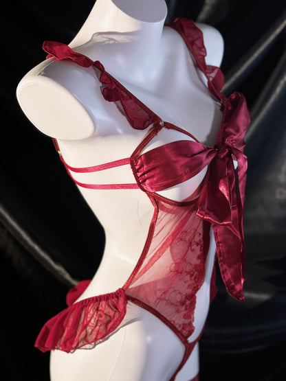 Petal of Rose Stain Bow Lace Cutout Crotchless Teddy Lingerie