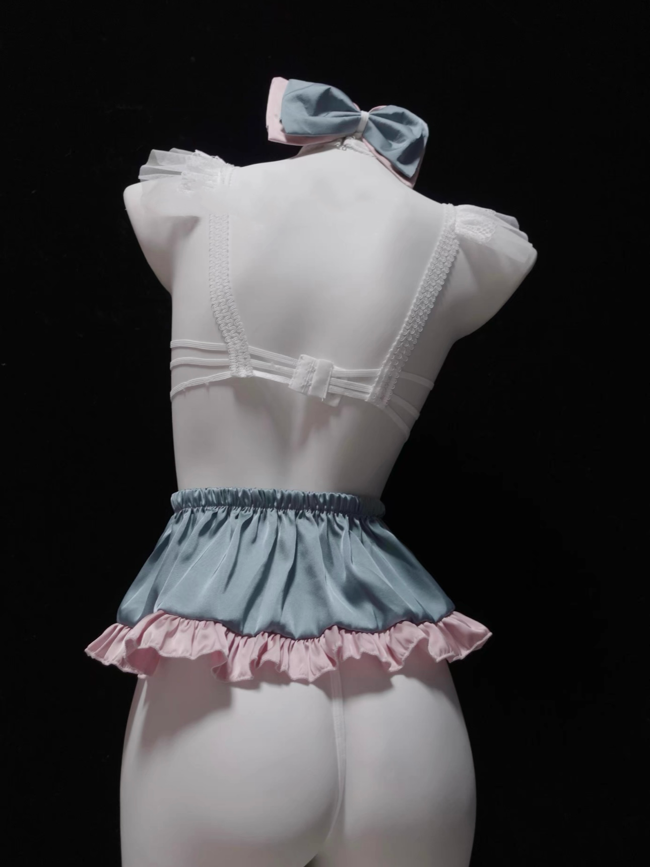 Mint Milkshake Satin Bow Ruffled Costume Lingerie Set