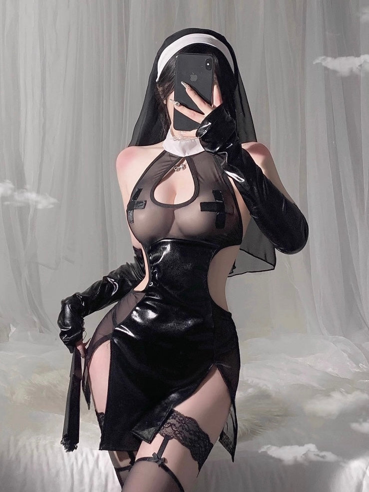 Dark Side of Her Halter Mesh Cross Dress Nun Costume Lingerie