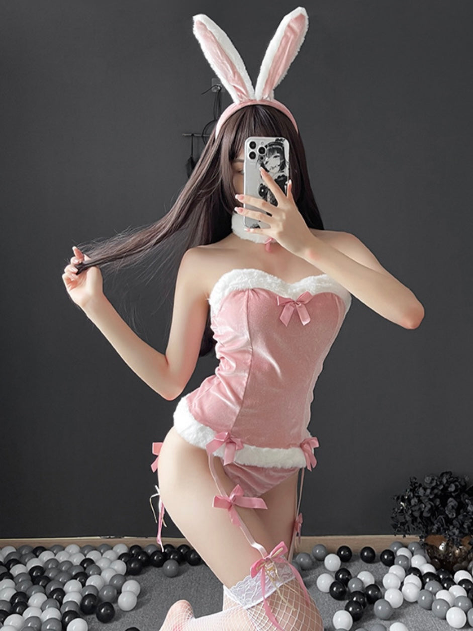 Santa Bunny Faux Fur Velvet Bow Corset Garter Set