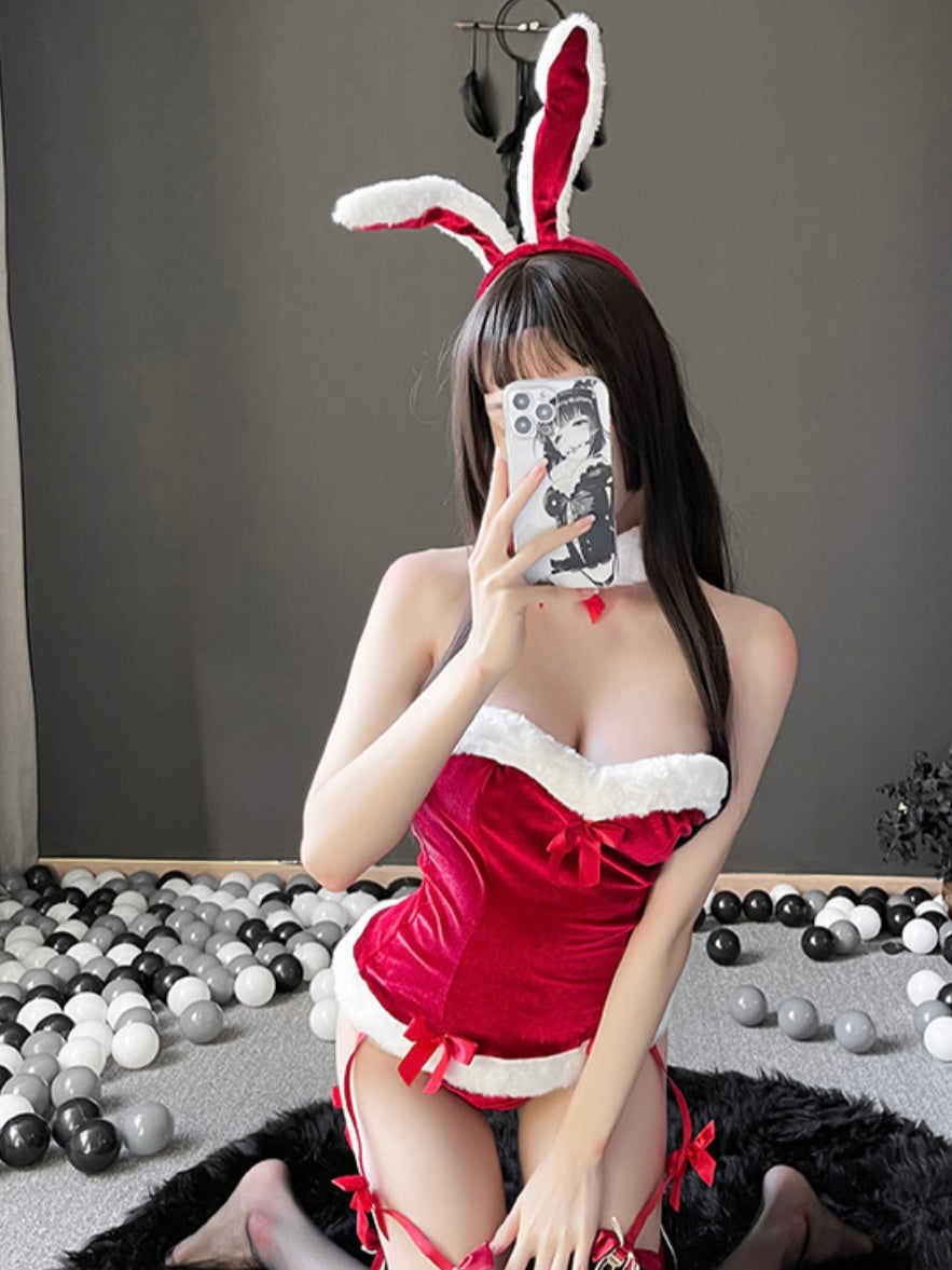 Santa Bunny Faux Fur Velvet Bow Corset Garter Set