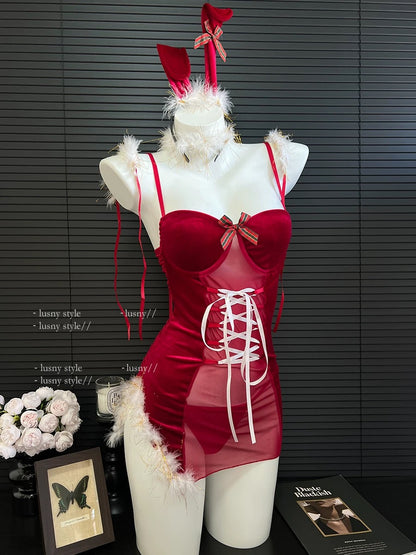 Christmas Bunny Velvet Faux Fur See-through Dress Lingerie