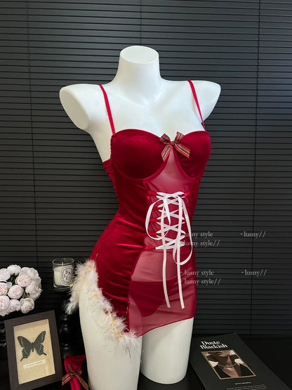 Christmas Bunny Velvet Faux Fur See-through Dress Lingerie