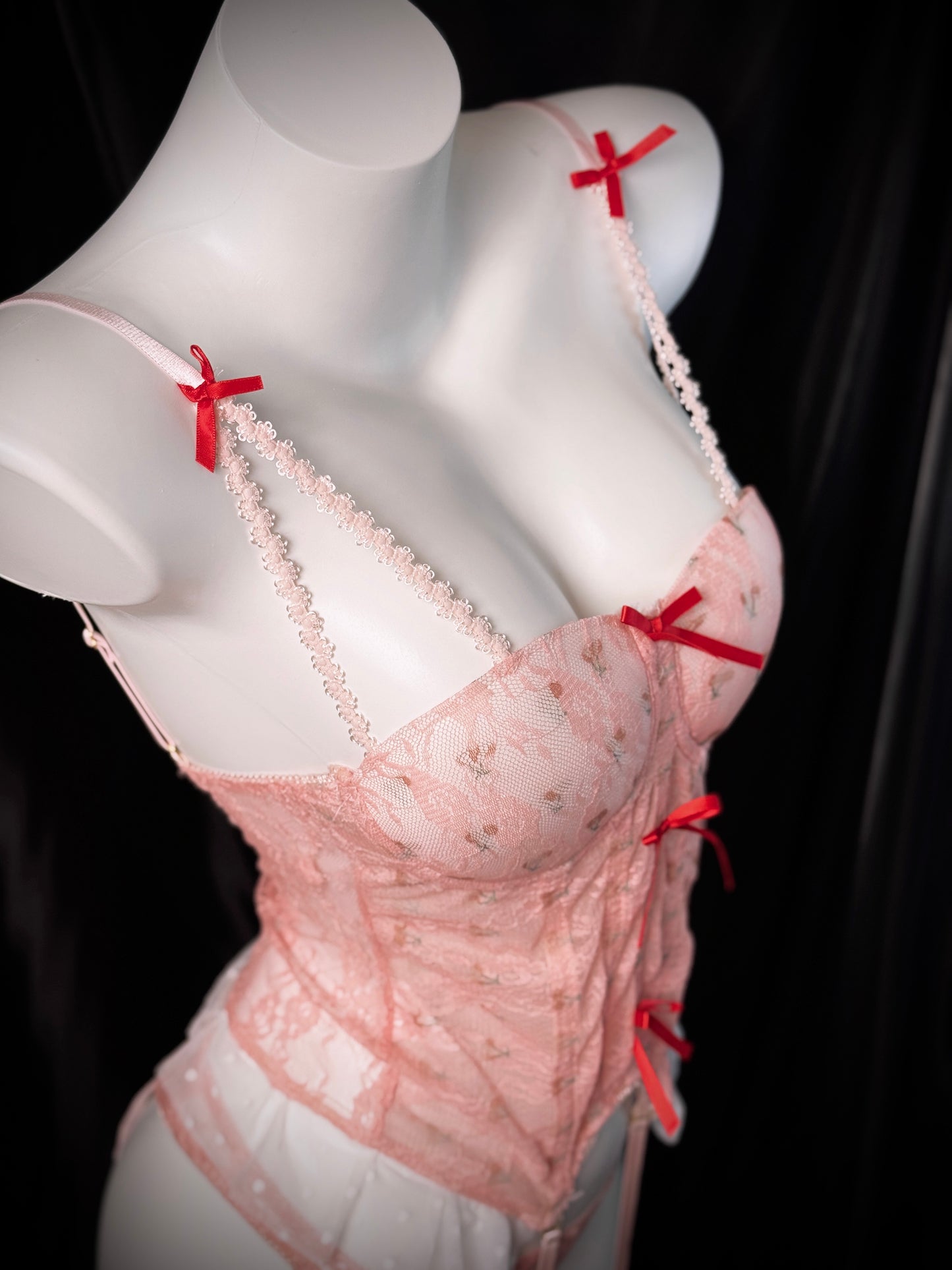 Cherry Pie Bow Lace Corset Bustier Lingerie Set