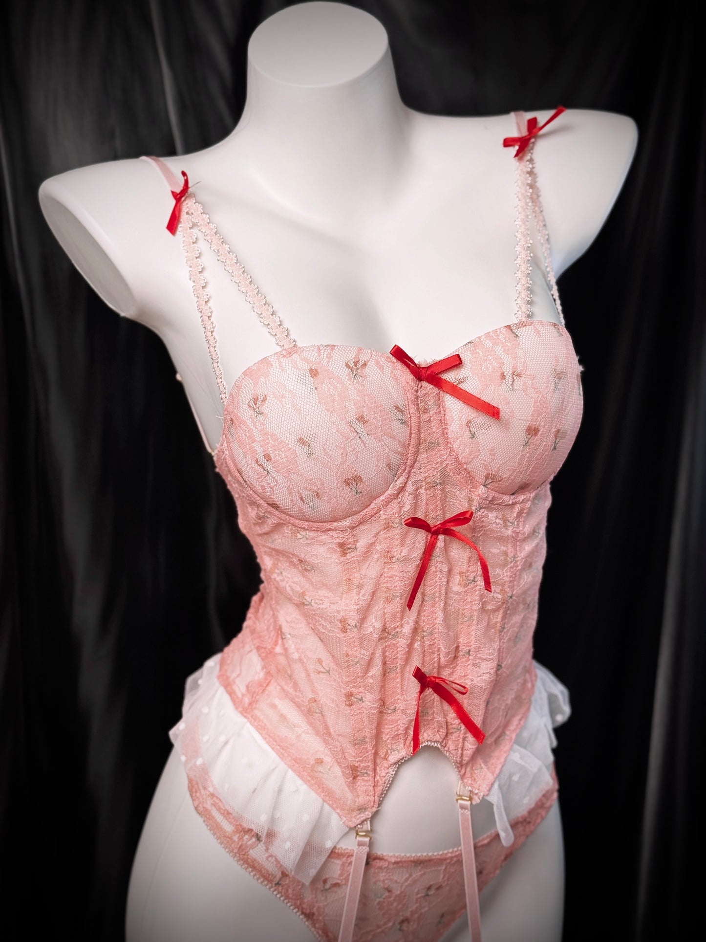 Cherry Pie Bow Lace Corset Bustier Lingerie Set