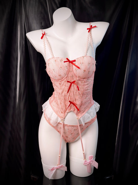 Cherry Pie Bow Lace Corset Bustier Lingerie Set