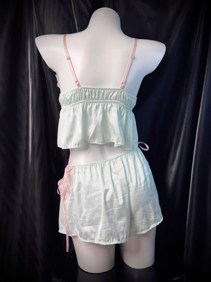 Summer Mint Satin Lace Trim Bow Cami Lingerie Set