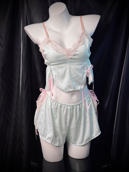 Summer Mint Satin Lace Trim Bow Cami Lingerie Set