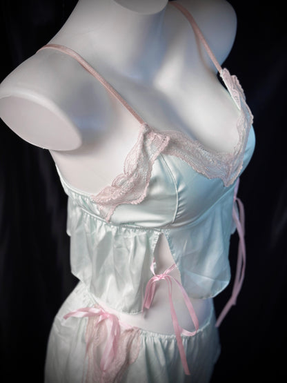 Summer Mint Satin Lace Trim Bow Cami Lingerie Set