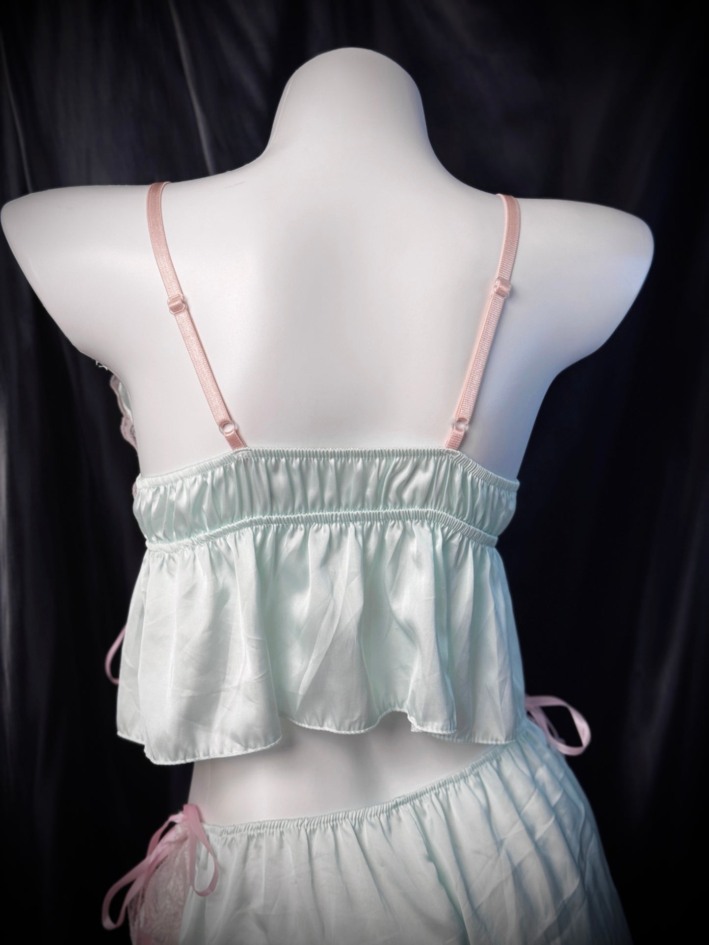 Summer Mint Satin Lace Trim Bow Cami Lingerie Set