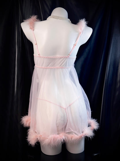 Baby Pink Pom Pom Mesh See-through Babydoll Lingerie