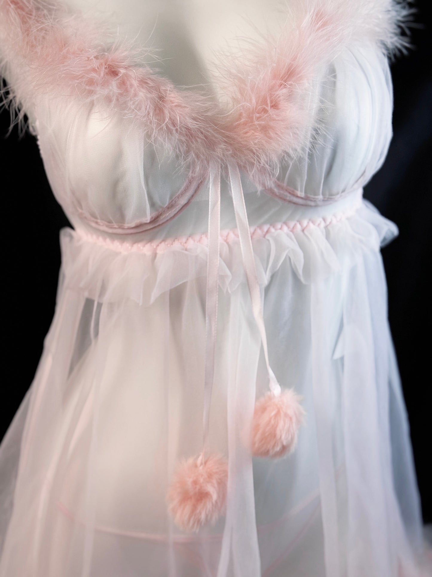 Baby Pink Pom Pom Mesh See-through Babydoll Lingerie