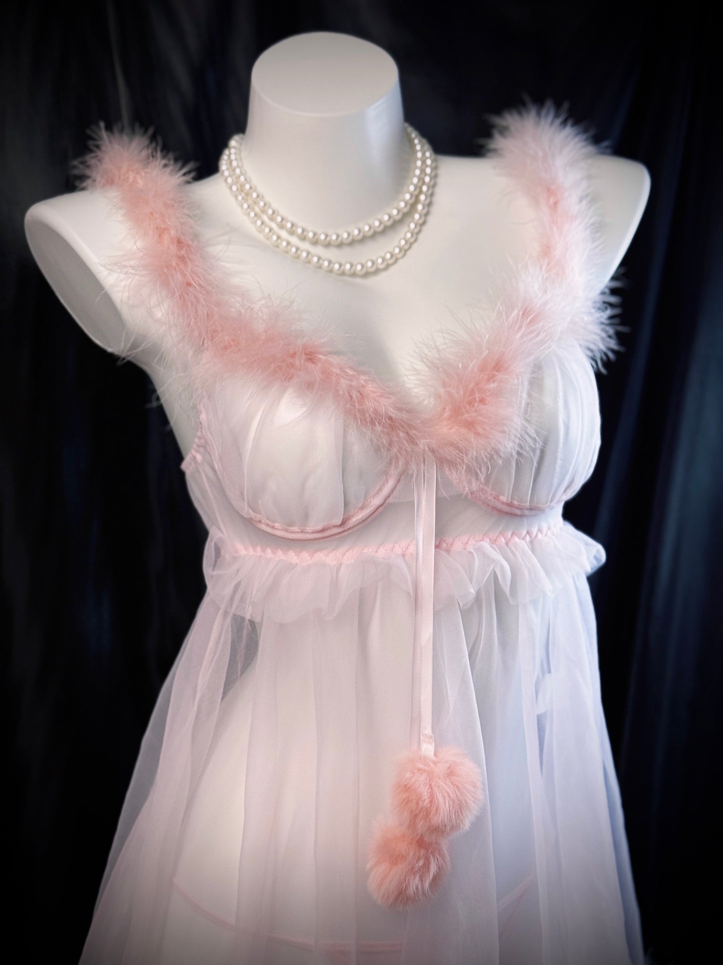 Baby Pink Pom Pom Mesh See-through Babydoll Lingerie