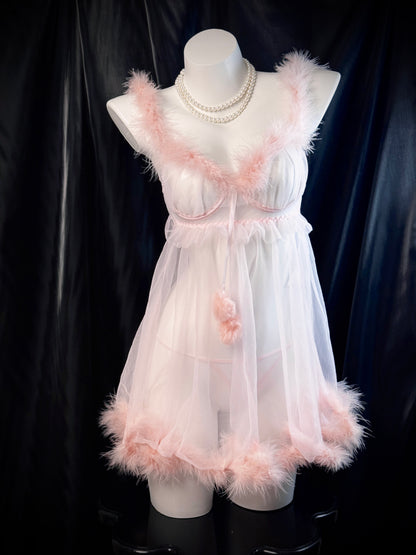 Baby Pink Pom Pom Mesh See-through Babydoll Lingerie