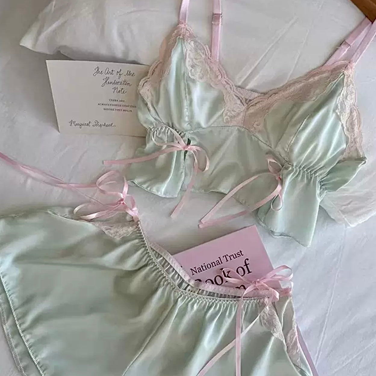 Summer Mint Satin Lace Trim Bow Cami Lingerie Set