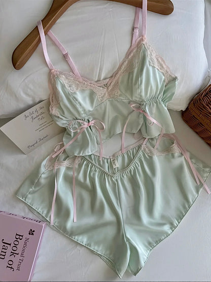 Summer Mint Satin Lace Trim Bow Cami Lingerie Set