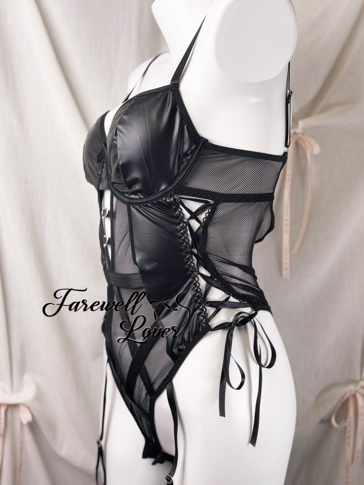 Rockstar Sweetheart Faux Leather Mesh Teddy Lingerie