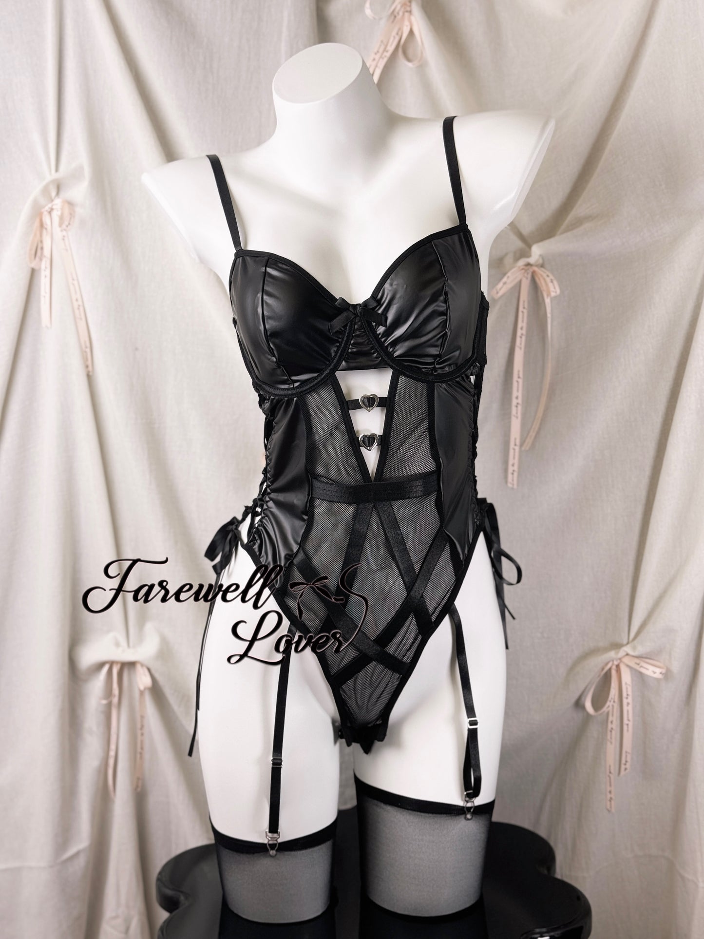 Rockstar Sweetheart Faux Leather Mesh Teddy Lingerie